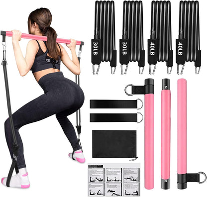 Pilates Bar Kit with Adjustable Resistance Bands and Foot Straps for Comprehensive Full Body Workout and Shaping