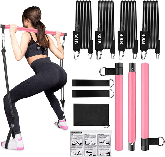 Pilates Bar Kit with Adjustable Resistance Bands and Foot Straps for Comprehensive Full Body Workout and Shaping