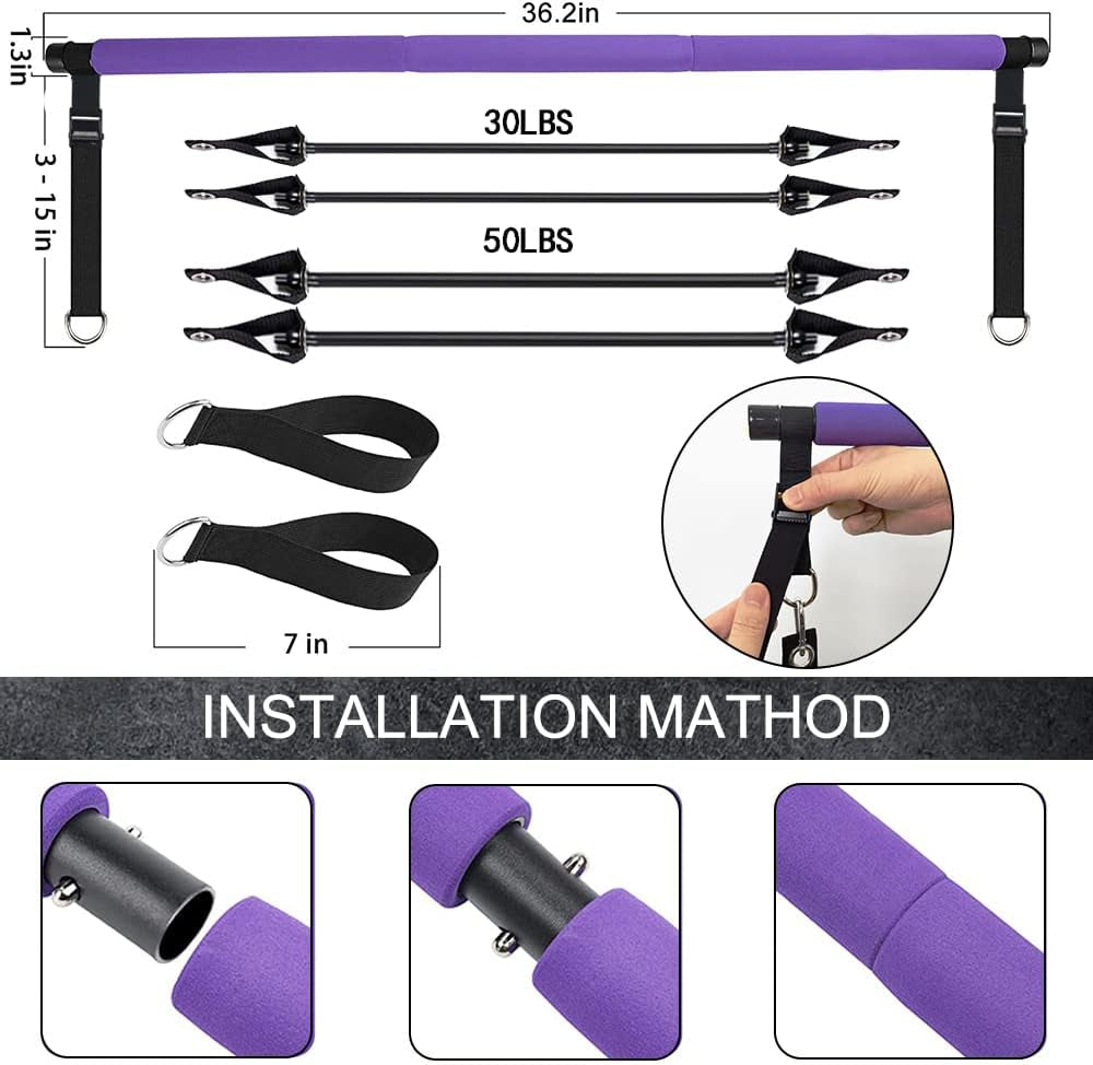 Adjustable Pilates Bar with Resistance Bands (30 & 50 lbs) - Portable Home Workout Equipment for Fitness Enthusiasts, Featuring Comfortable Handles and Door Anchor