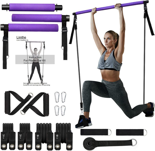 Adjustable Pilates Bar with Resistance Bands (30 & 50 lbs) - Portable Home Workout Equipment for Fitness Enthusiasts, Featuring Comfortable Handles and Door Anchor
