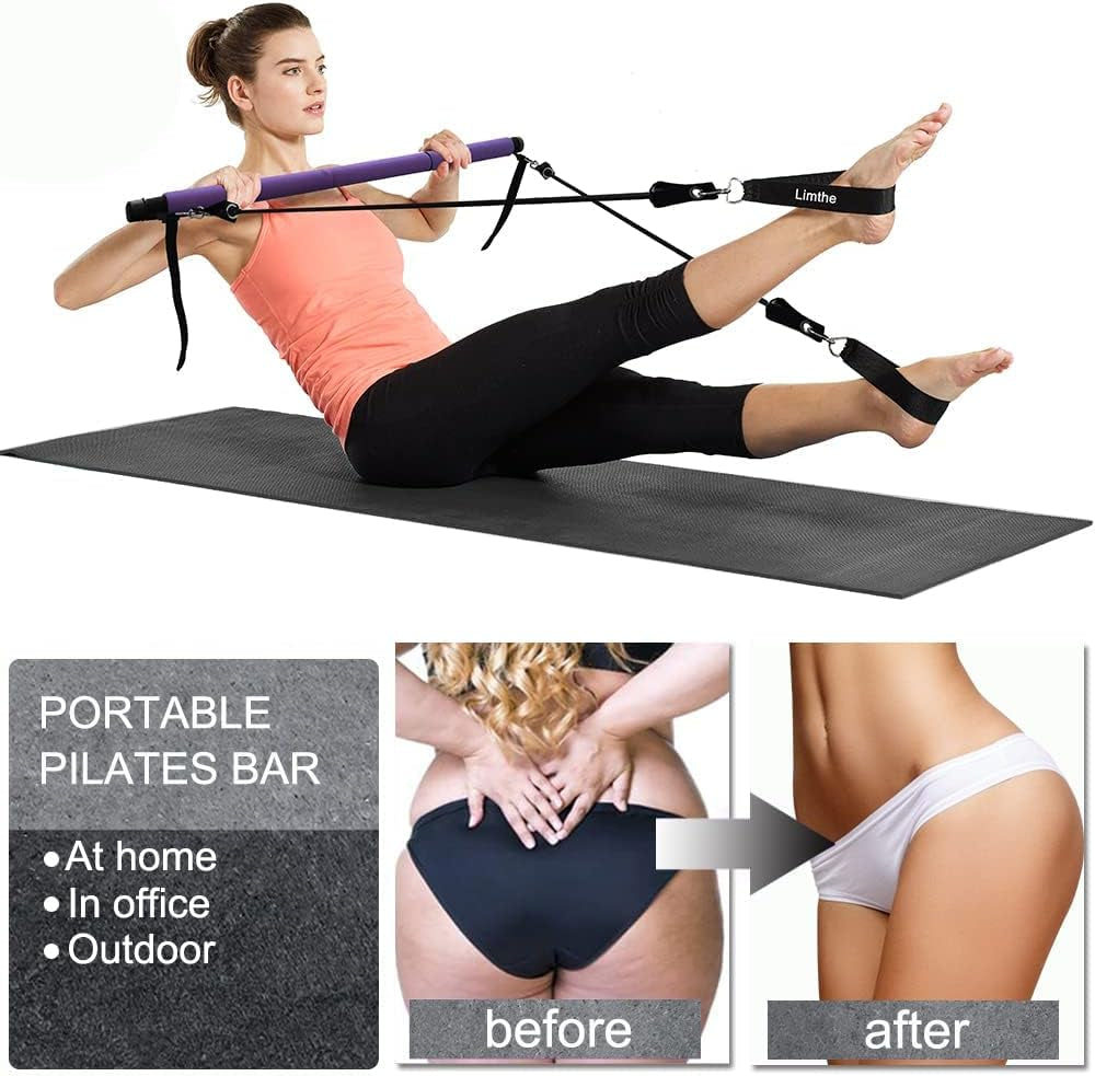 Adjustable Pilates Bar with Resistance Bands (30 & 50 lbs) - Portable Home Workout Equipment for Fitness Enthusiasts, Featuring Comfortable Handles and Door Anchor